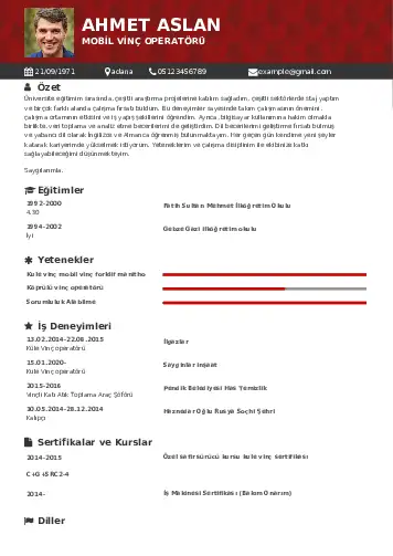 Vinç Operatörü Cv Örnekleri cv indir